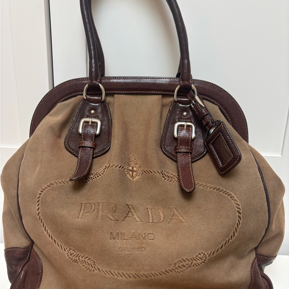 PRADA Logo Jacquard Handbag Canvas Authentic